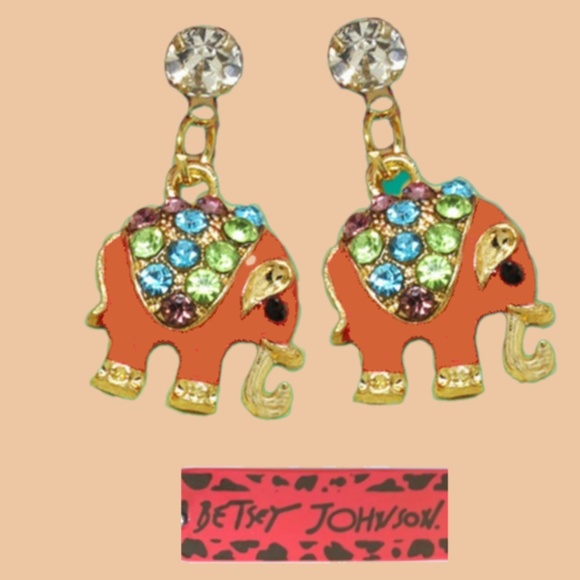 Betsey Johnson Jewelry - Little Elephant Earrings - Red Enamel, Blue Crystals, Clear Rhinestone - NWT